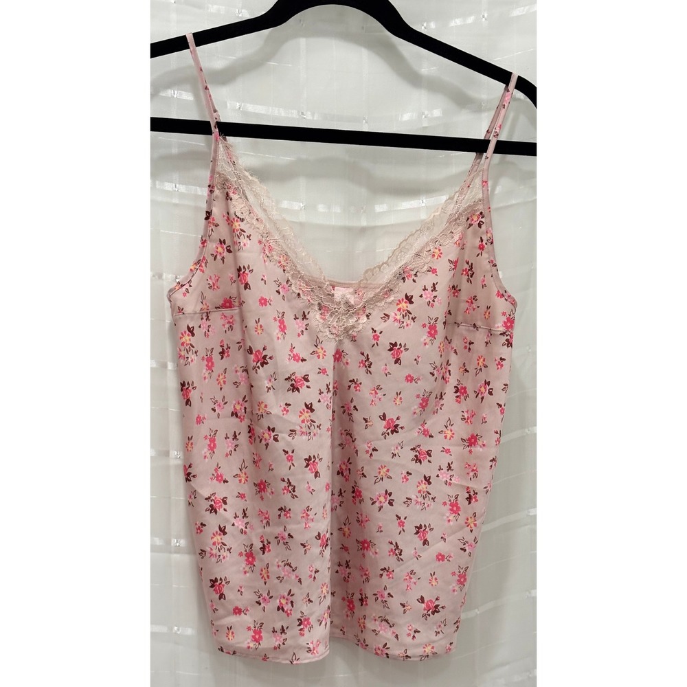 Victorias Secret Pink Floral Satin Lace Trim Camisole Top Size M